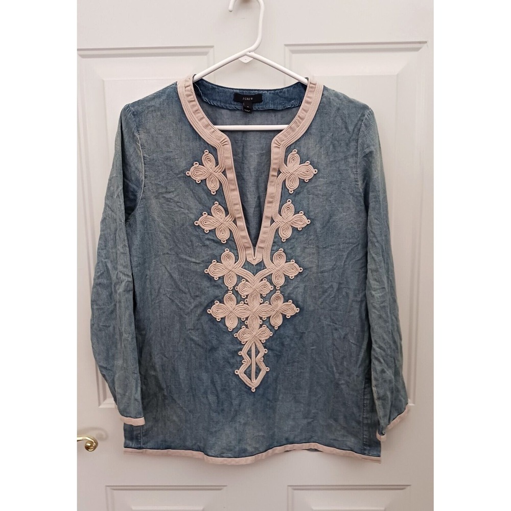 J.Crew Denim Chambray Embroidered Tunic Blouse Shirt‎ Top Women's Size 4 - A8431